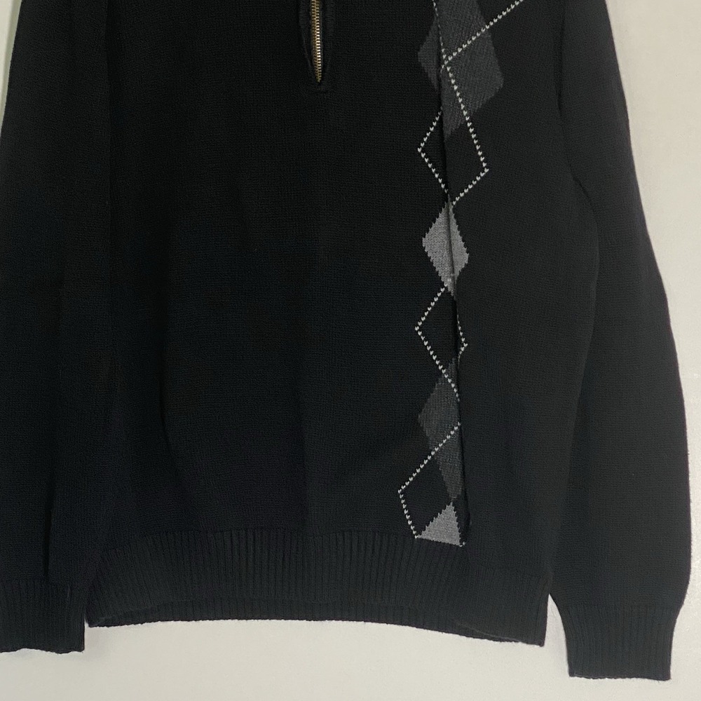 Oscar De La Renta Sweater Mens XL Black Argyle Tight Knit Quarter Zip Preppy‎ - Picture 3 of 16